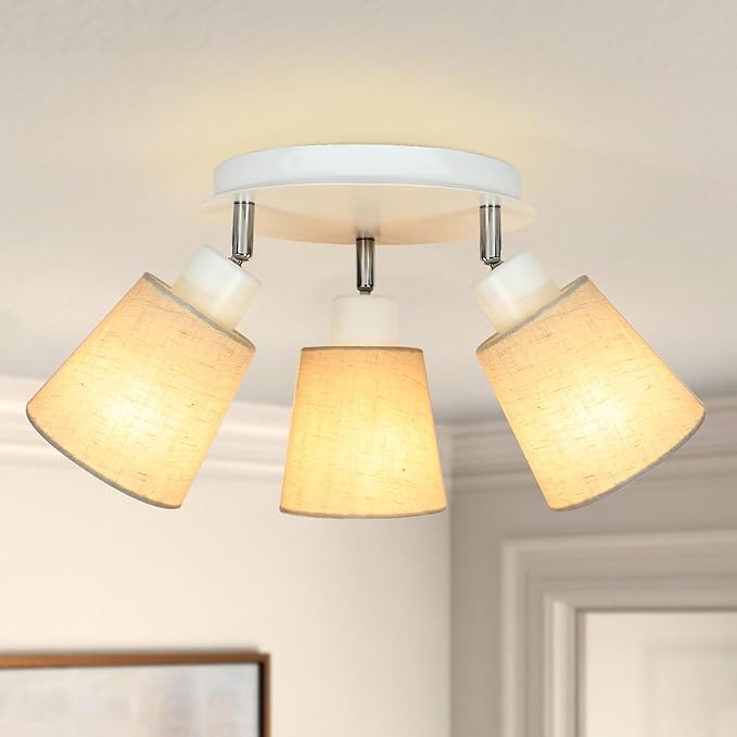 LTBLIGHT 3-Light Ceiling Track Light, White Modern Adjustable Spotlight with Linen Shade, Track Lighting Fixture for Dinning Room Study Room Rental Friendly, E26 Base (Bulbs Not Included)