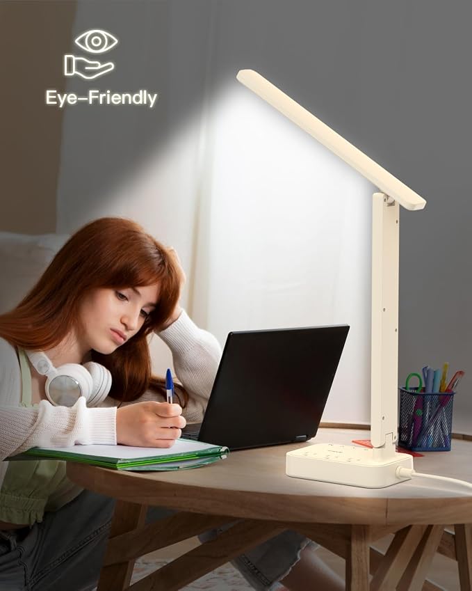 Addtam LED Desk Lamp, Power Strip with 3 Outlets 4 USB Charging Ports(2 USBC), 4 Modes 5 Level Brightness Touch Lamp, Small Desk Lamp for Home Office College Dorm Room Essentials, Cream