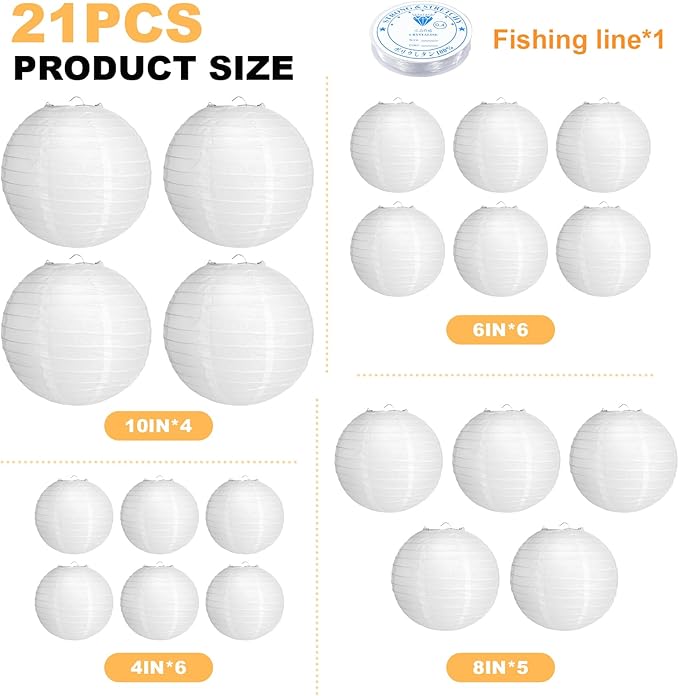 21 Pcs White Paper Lanterns Party Decorations, 4/6/8/10 Inch Round Chinese Hanging Paper Lanterns for Wedding, Birthday, Baby Shower, Graduation, Classroom Ceiling Decorations Indoor Outdoor
