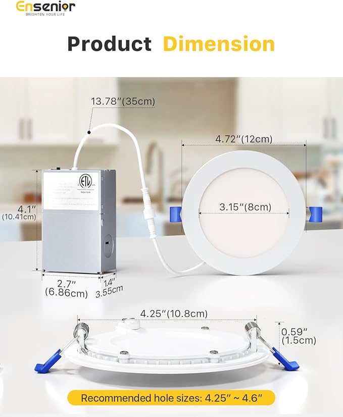 Ensenior 24 Pack 4 Inch LED Recessed Ceiling Light, Dimmable, 6000K Clear White, 750LM 9W 120V, High Brightness Canless Wafer Downlight - ETL&FCC&IC