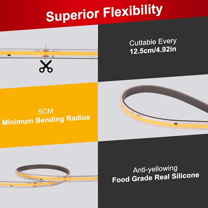 ETL COB LED Rope Light IP65 AC 120V 16.4FT 1200lm Ultra Bright 6500K White | IP65 Waterproof Cold-Resistant ETL Light Strip No Driver Tape Lighting for Home Commercial LED Strip Light 6500K Cool White