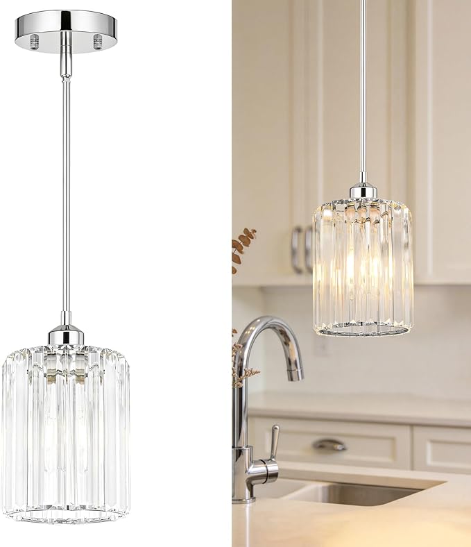 Chrome Kitchen Pendant Lights Over Island with Adjustable Rods - Crystal Pendant Lighting Fixtures for Sloped Ceiling, Ideal Over Dining Table or Bar, E26 Bulb Compatible, No Electrician Needed