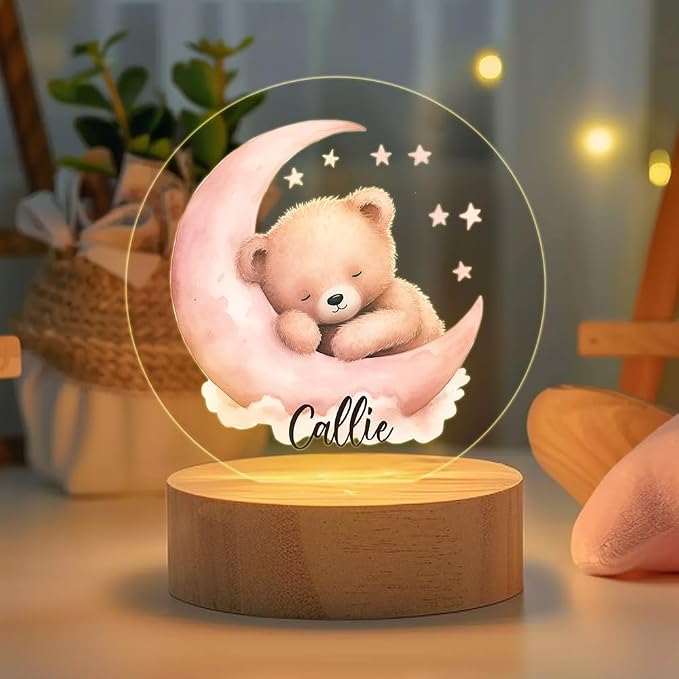 Personalized Bear Night Light - Custom Name, Cute Acrylic LED Light Lamp with Wooden Base for Bedroom Decor, Gifts for Kids Girls Boys