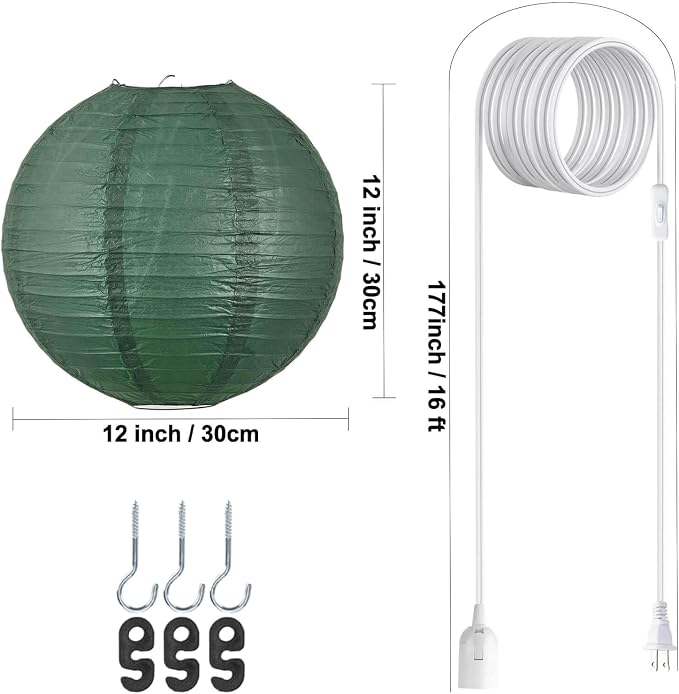 12 Inch Plug-in Paper Lantern Green Pendant Light, Rice Paper Lamp | Japanese Wabi-Sabi Light, 4.5M/15FT Adjustable Cord, E26 Socket, Soft Diffused Light for Bedroom, Dining Room & Cafe Decor