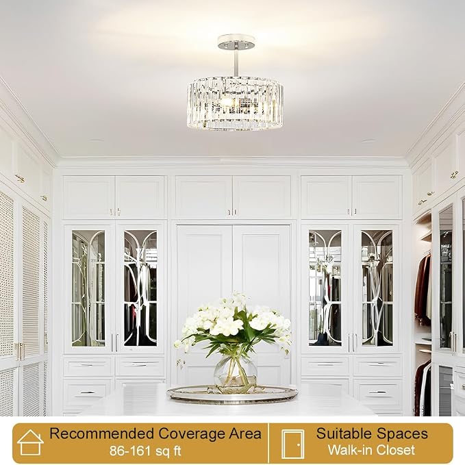 Lxybcce Modern Crystal Ceiling Light, Chrome Semi Flush Mount Ceiling Lighting Fixture, Hallway Light Fixtures Chandelier for Kitchen, Bedroom Dining Room Hallway Closet, 3-Light, 12 Inch