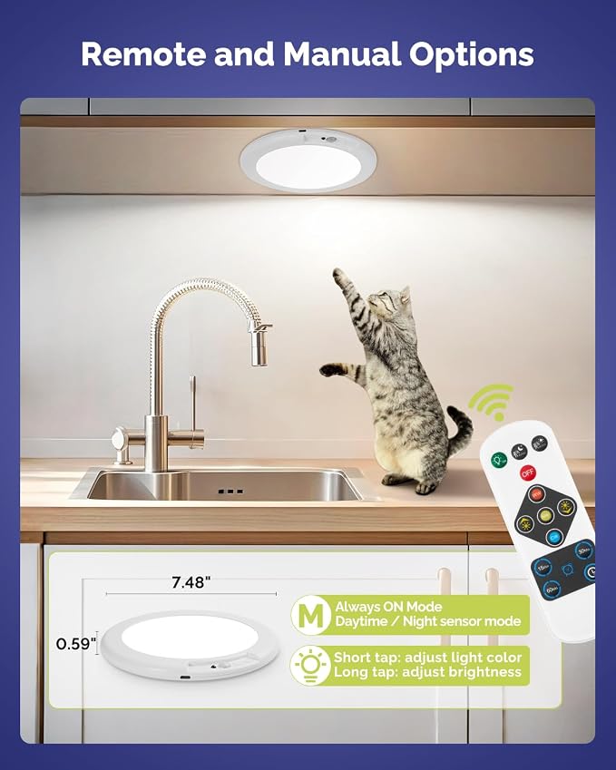 Waterproof Shower Light Battery Operated Ceiling Light with Remote | 7.48" Rechargeable Wireless Motion Sensor Stick On LED Lights Indoor 3000K/4500K/6500K Dimmable for Bathroom, Bedroom, Closet