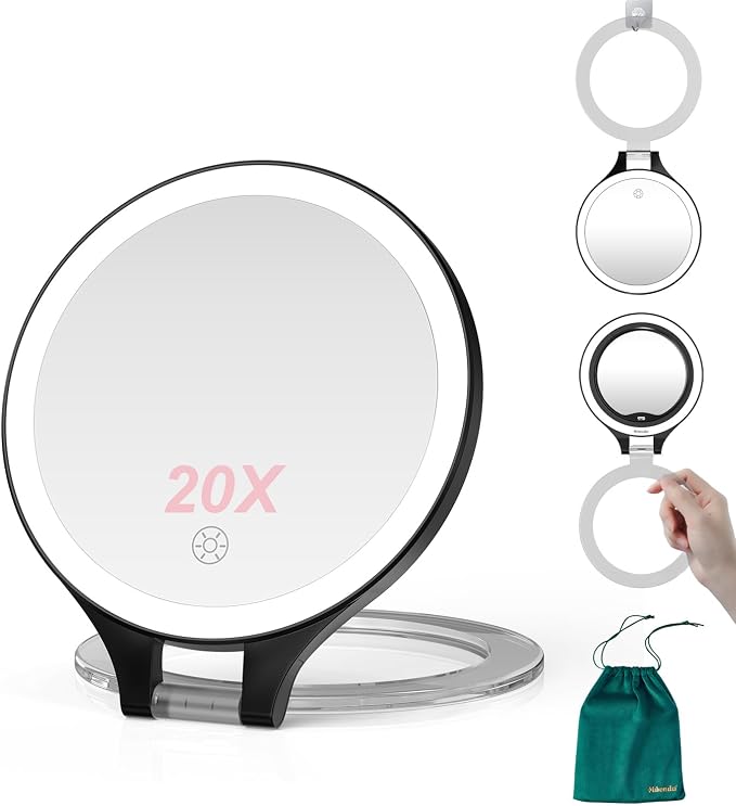 Mocado 1X/20X Magnifying Mirror with Light, Travel Makeup Mirror with Light | Double Sides Travel Mirror with 3 Color Light, Dimmable Touch, 1500mAh Rechargeable, Brightness Adjustable(Black)