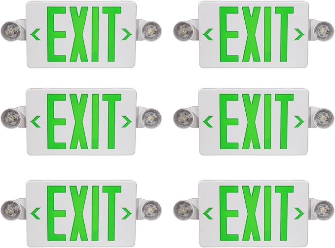 TANLUX Green Exit Sign with Emergency Lights, LED Emergency Exit Light with Battery Backup, UL Listed, AC 120/277V, Commercial Emergency Lights Combo for Business - 6 Pack
