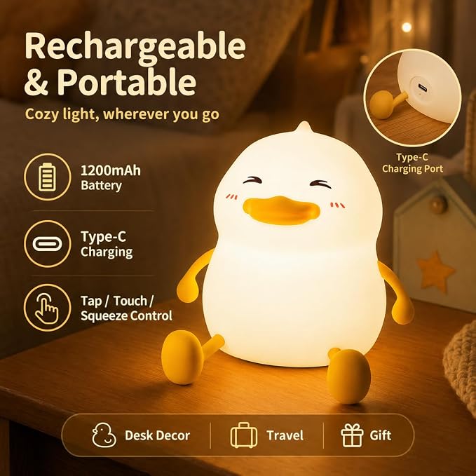 Fat Duck Night Light, LED Squishy Novelty Animal Night Lamp, Food Grade Silicone 3 Level Dimmable Nursery Nightlight for Desk Decor, Funny Gifts Stuff for Boys Girls Baby, White Elephant Gifts