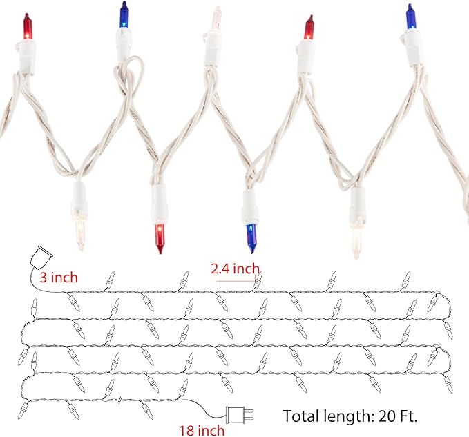 4th of July Decoration Patriotic Mini Lights - 100 Count 20 Feet Red White Blue Incandescent Bulb Waterproof String Lights Plug in for Indoor Outdoor Christmas Party Patio Independence Day Decoration