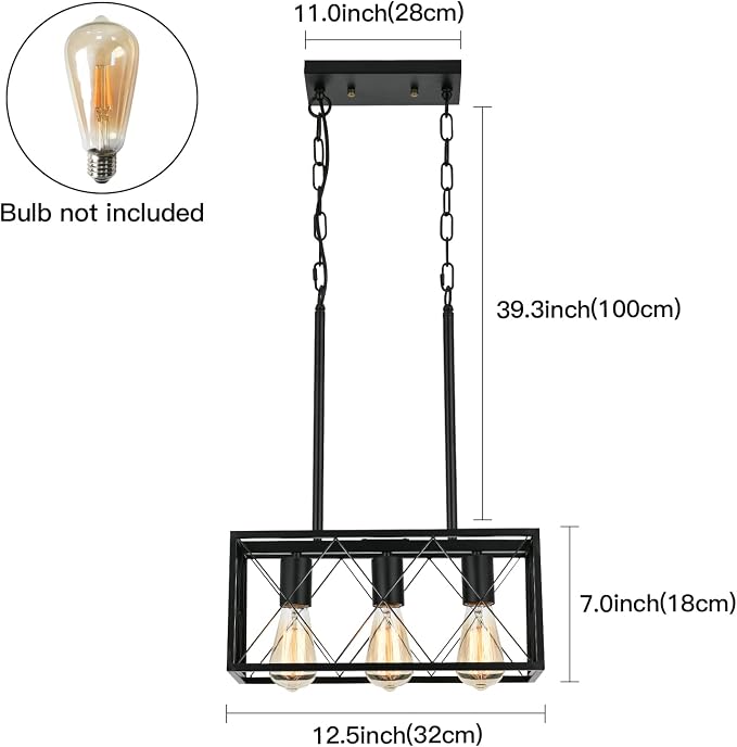 KEESFU Black 3-Light Farmhouse Chandelier, Dining Room Light Fixture | Farmhouse Dining Room Light Fixture with Adjustable Height, Kitchen Island Pendant for Dining Table & Over Sink, Living Room