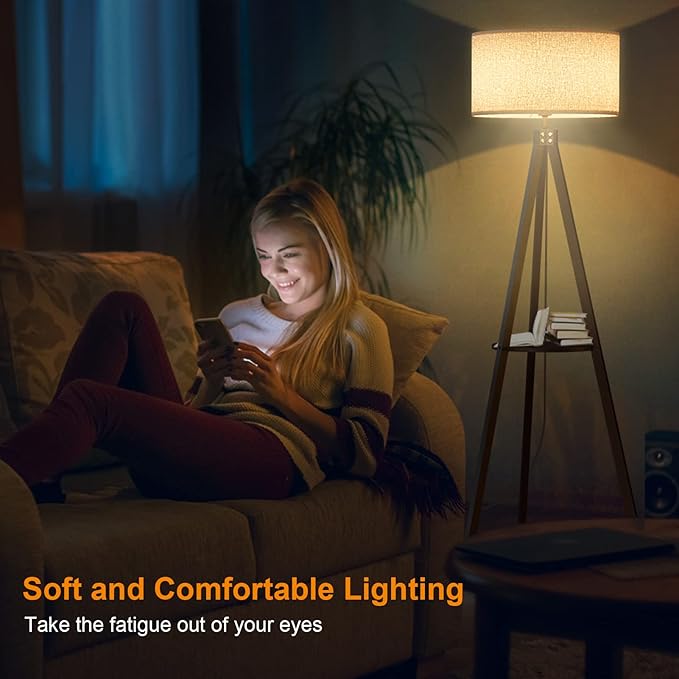 LEPOWER Shelf Floor Lamp Tripod Mid Century Modern Lamps for Living Room | Light-Diffusing Linen Shade, Premium Rubberwood, E26 Base, Foot Switch, Adding Warmth to Bedroom, Office & Corner Walnut