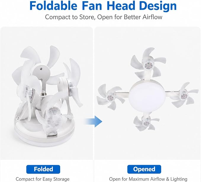 Socket Fan Light, Screw in Ceiling Fan with Remote, Light Socket Fan with LED Light, 3 Speeds, 3 Color Temperatures, Foldable E27 Fan Light for Bedroom Kitchen Garage (3 Head)
