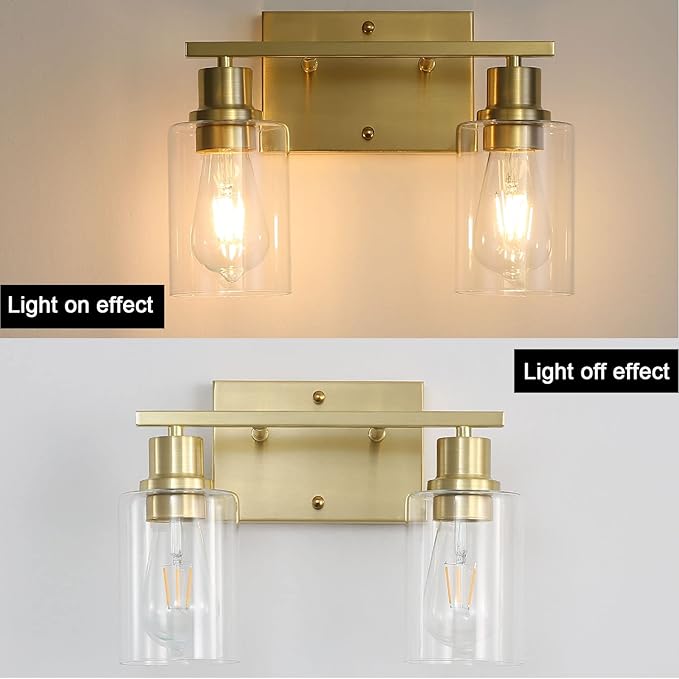 2-Lights Gold Bathroom Light Fixture, Brushed Brass Vanity Light with Clear Glass Shade, Modern Bath Wall Lights for Living Room, Hallway, Bedroom