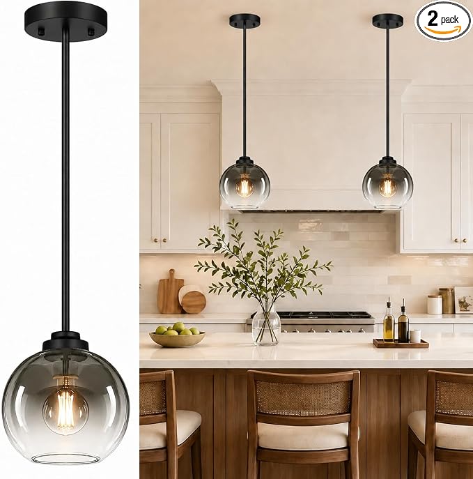 MQMQA 2 Pack Globe Pendant Lights, Mid Century Pendant Light Fixtures, Globe Pendant Lights Kitchen Island with Gray Glass Shade Adjustable Hanging Fixture for Dining Room (Bulbs not Included)