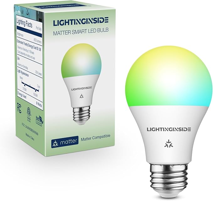 Matter Smart Light Bulbs, RGBCW Color Changing Light Bulb | Compatible with Alexa/Apple Home/Google Home/SmartThings, E26 Smart Bulb 800LM, 2.4G WiFi, ETL Listed, Hub Required, 1 Pack