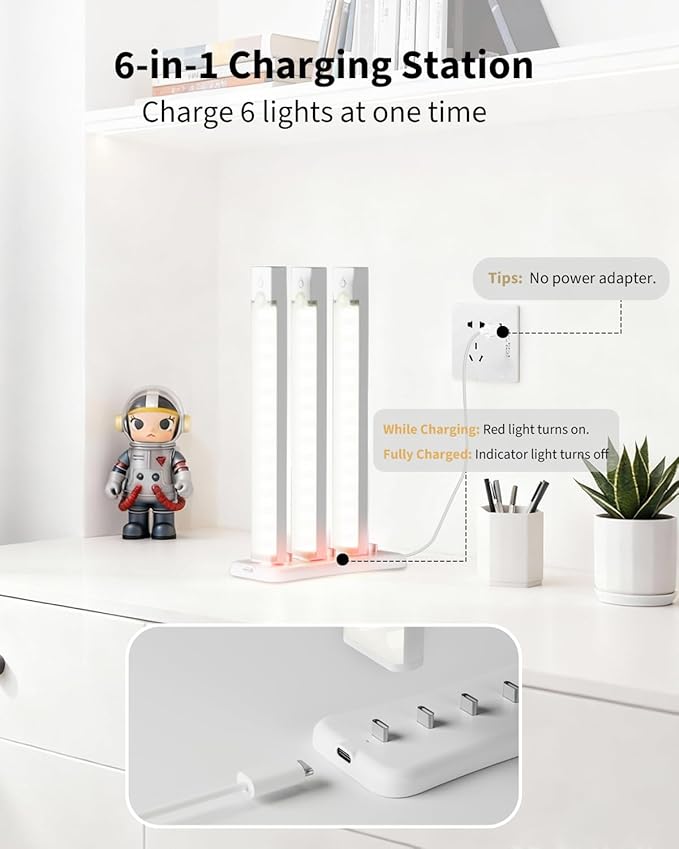 8 Inch Under Cabinet Lighting Rechargeable with Charge Station, 3Pack | Motion Sensor Light Indoor 3 Color Dimmable Closet Light, USB Stick on LED Magnetic Under Counter Lights for Kitchen Stair