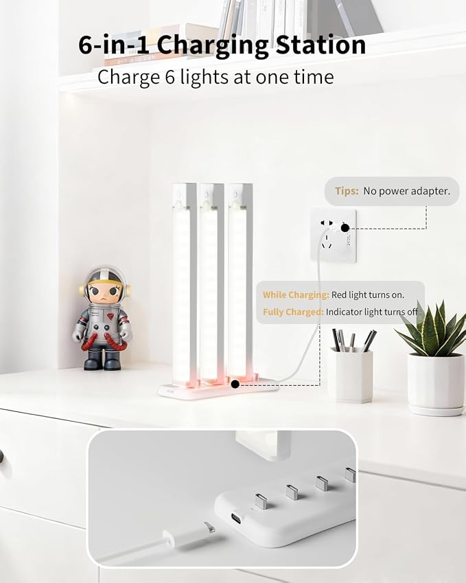 8Inch Under Cabinet Lighting Rechargeable with Charge Station, 6Pack | Motion Sensor Light Indoor 3 Color Dimmable Closet Light Battery Operated, Magnetic Under Counter Lights for Kitchen Stair