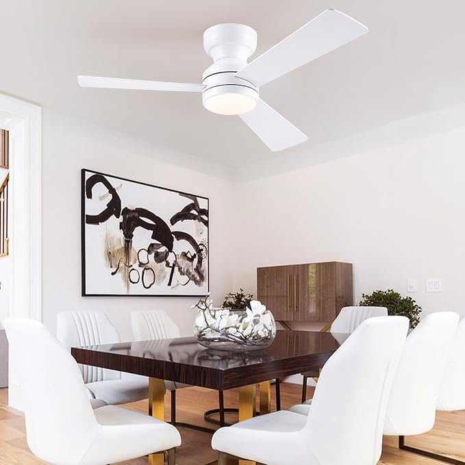 Asyko 46" White Modern Low Profile Ceiling Fans with LED Lights and Remote | Reversible 6 Wind Speeds, Dimmable 3 CCT LED Light, 25W Quiet DC Motor,2H Timer,3 Double-Sided Blades,for Bedroom Kitchen