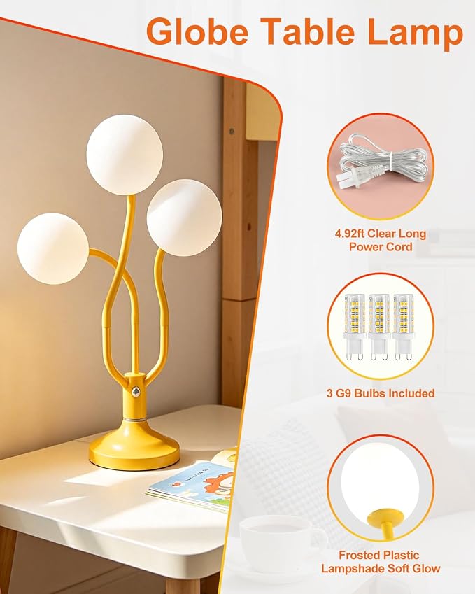 Globe Yellow Table Lamp Dimmable Magic DIY Arms G9 Bulbs Included | Vintage Ambient Night Light Modern Nightstand Desk Lamp Warmwhite Kids Bedside Lamps for Living Room Bedroom Nursery Gift
