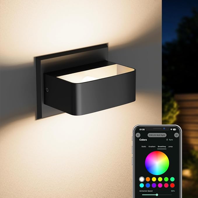 Outdoor Wall Lights, Smart RGB Color Changing Porch Light with App Control, Hardwired Exterior Wall Sconce with Dimmable, Timer & Schedule, IP65 Waterproof for Front Door Garage Patio