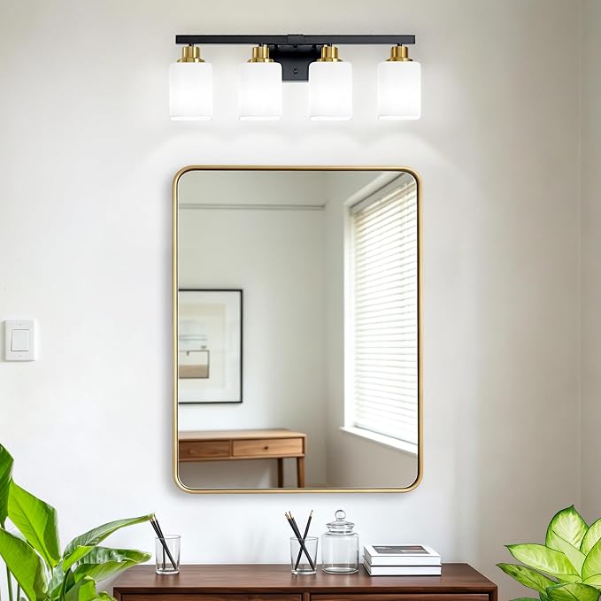 4-Light Vanity Light for Bathroom,Black and Gold Bathroom Light 24" | Bathroom Light Fixture with Square Frosted Glass, Wall Sconces fixtures Over Mirror Sink Restroom,Living Room Hallway