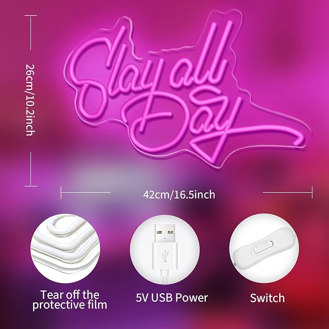 JEDAEMEN Slay All Day Neon Signs for Wall Decor Pink LED Sign Neon Lights | Pink Led Light Sign Preppy Room Decor Light Up Sign for Birthday Party Decoration USB Powered