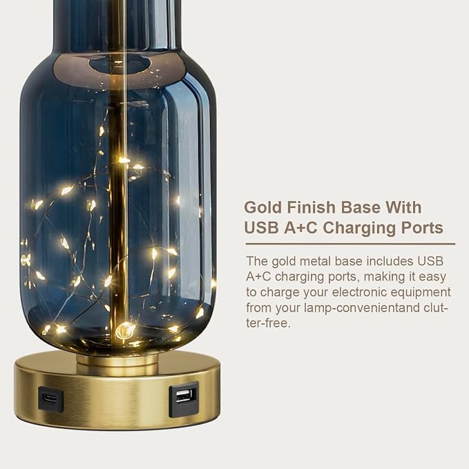 22" Glass Table Lamps Set of 2, Blue Modern Bedside Lamp with LED Night Light for Living Room, Nightstand Lamp with USB Ports for Bedrooms, Study Room, End Table(2 Bulbs Included)