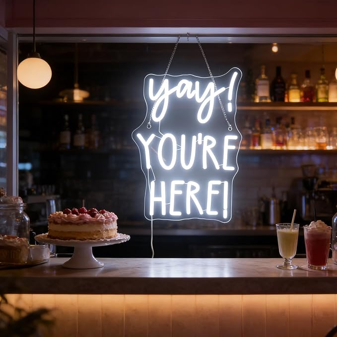 "Yay! You're Here!" Neon Sign, Positive Quotes Decorative Neon Lights for Home Room Classroom Wall Decor, Office Wall Decor Neon Light Sign, Christmas Birthday Gift,Thanksgiving Gift(white)