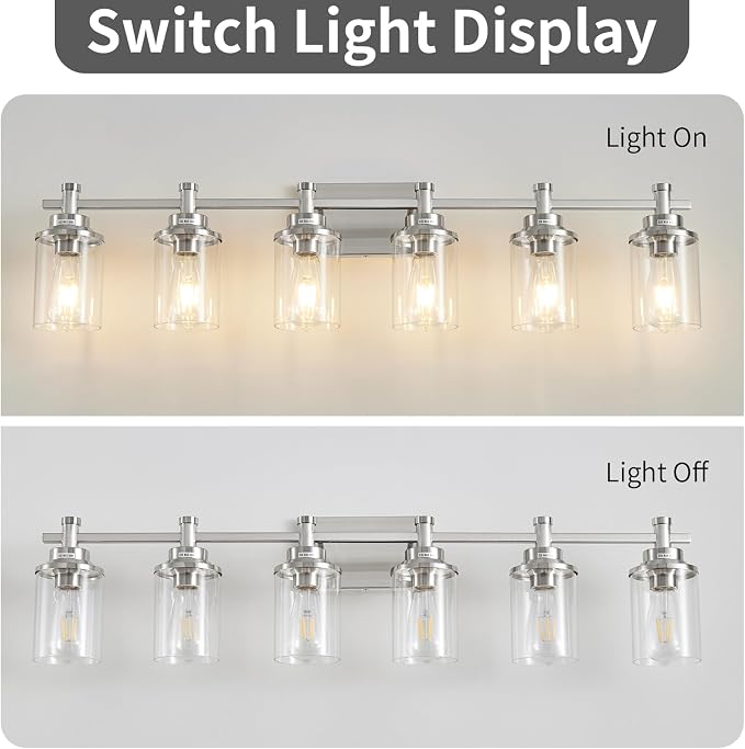 6-Light Bathroom Vanity Light, Brushed Nickel Fixtures Over Mirror, Wall Mount with Clear Glass Shade, Modern Wall Sconce