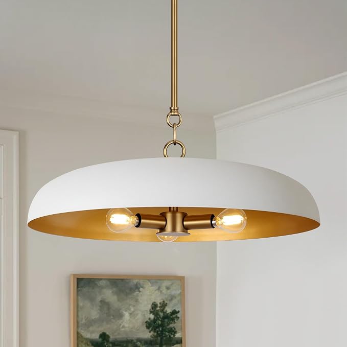 LamQee 20 Inch Oversized Large Pendant Lights, 3-Lights White and Gold Dome Chandelier, Mid Century Modern Metal Pendant Lighting Fixture Ceiling Hanging for Kitchen Island Dining Room Over Table Bar