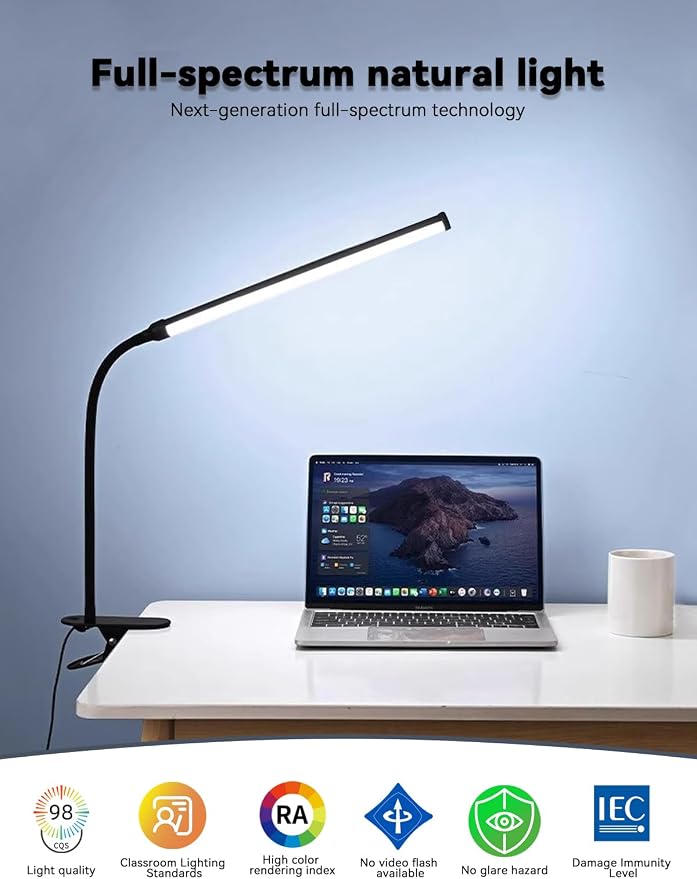 2 Pack LED Desk Lamp with Clamp,Eye-Friendly Clip on Lights for Home Office Study Reading,3 Modes 10 Brightness,Long Flexible Goose-Neck,Swing Arm Architect Task Table Lamps USB Usage