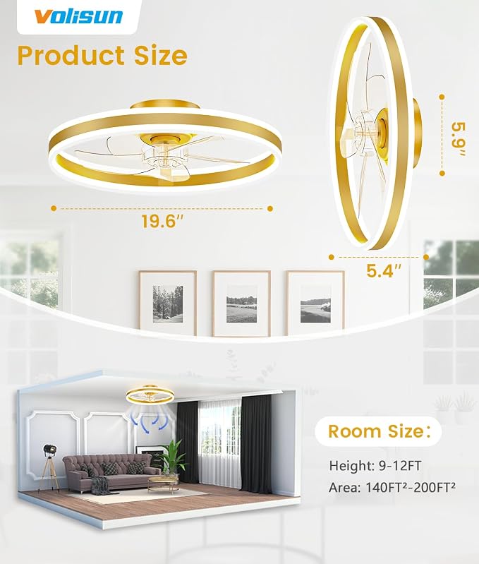 VOLISUN Low Profile Ceiling Fans with Lights and Remote, 20in Flush Mount Ceiling Fans with Light, 3000K-6500K Dimmable Fandelier LED Fan Light, Gold Bladeless Ceiling Fans with Lights for Bedroom
