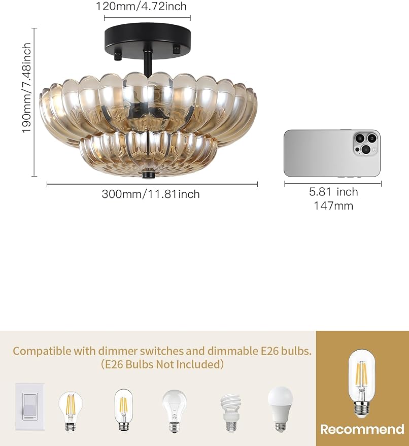 Semi Flush Mount Ceiling Light, Vintage Black Close to Ceiling Light Fixture with Glass Shade, Mid Century Modern Lighting for Bedroom Hallway Kitchen Laundry-Amber