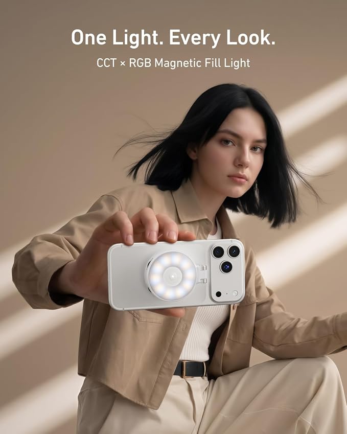 TELESIN Upgraded 4-in-1 Magnetic RGB Selfie Ring Light with Mirror & Phone Stand, Rechargeable Portable Clip On Fill Light for iPhone Samsung TikTok, Vlogging, Makeup, Photography, Streaming (White)