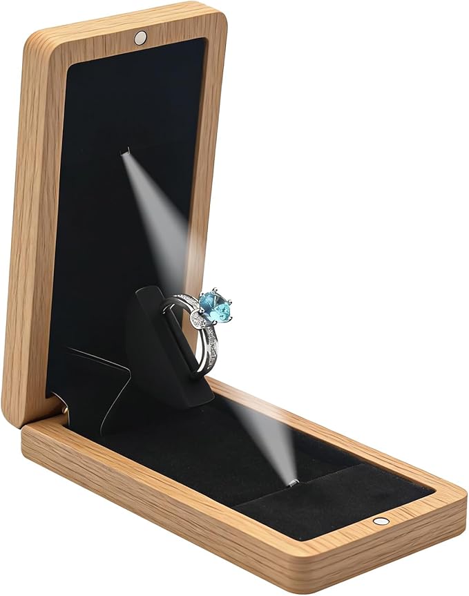 Wooden Engagement Ring Box For Proposal Valentine's Day Jewelry Gift Box Wood Rotating Wedding Day Ring Box With Led Light Gift Packaging(White Oak)
