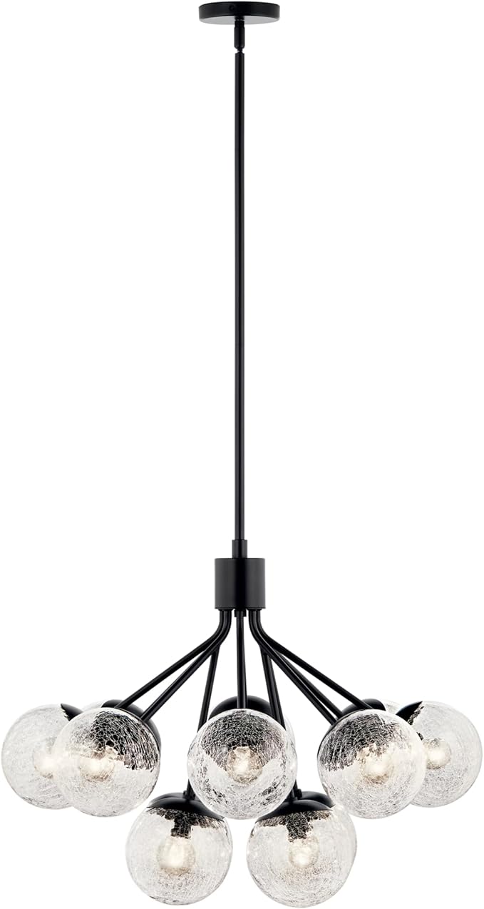 Kichler Silvarious 12-Light Convertible Chandelier, Soft Modern Light with Clear Crackled Glass in Black, for Dining Room, Living Room, Bedroom or Foyer (22.25" x 30"), 52701BK
