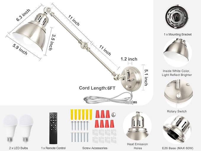 2 Pack Plug in Wall Sconces with Remote, Dimmable, Adjustable Colors, Swing Arm Wall Lamps, Wall Sconces Set of Two with Timer & Night Light, Plug-in or Hardwired (Brushed Nickel, With Bulbs+Remote)