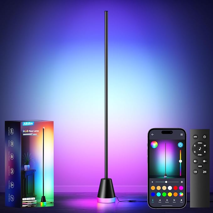 RGBICW Corner Floor Lamp, Modern LED Ambient Lighting, Jet Black | 16 Million Colors, Music Sync Lighting, 1800LM Brightness, with Smart APP/Remote Control, for Living Room Bedroom Gaming Room
