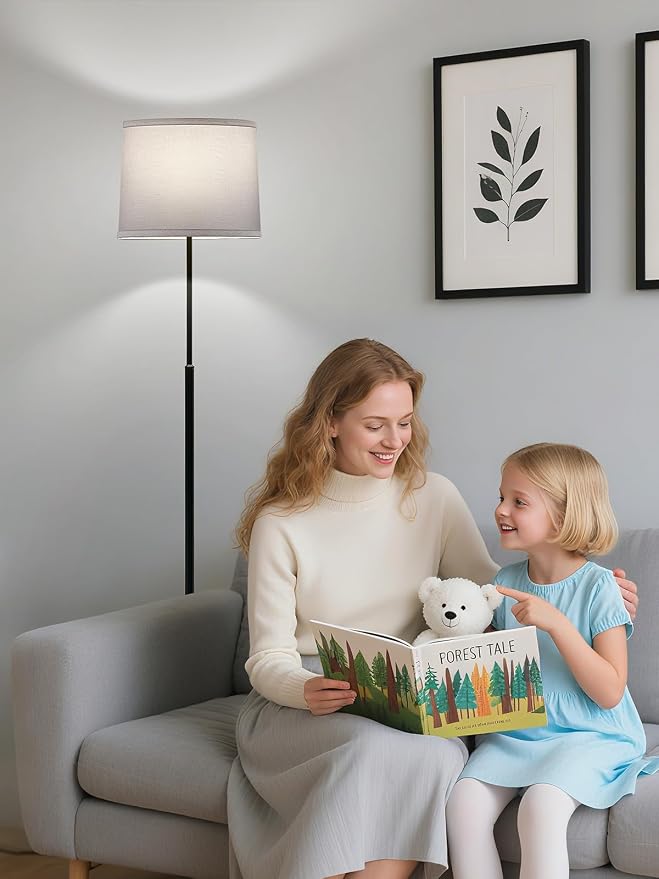 60" Modern Floor Lamp for Living Room Bedroom, Standing Lamp with White Linen Lampshade, Tall Lamp with A19 9W 3 Color Temperature Bulb, Foot Switch Control