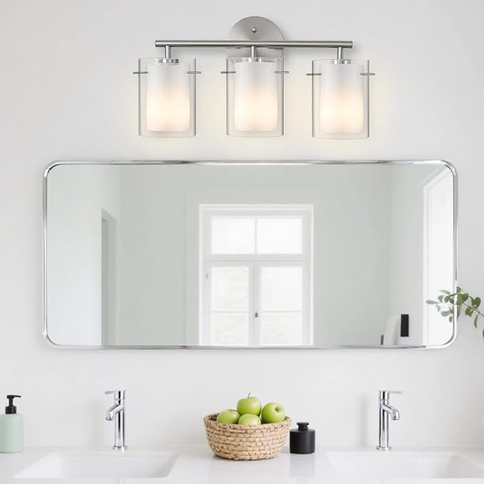 Brushed Nickel Bathroom Light Fixtures Over Mirror, 3-Light 20-Inch Vanity Lights with Dual Glass Shades, Eye-Friendly Modern Vanity Lights for Bathroom Bedroom Living Room Hallway