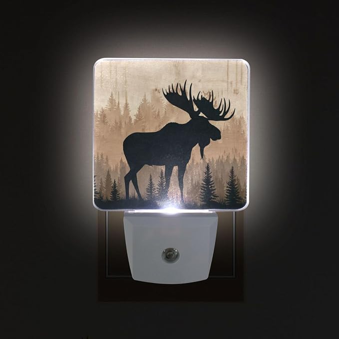 Moose Brown Wood Night Light Dusk to Dawn Sensor LED Night Dimmable Nightlight Lights Plug into Wall for Living Room