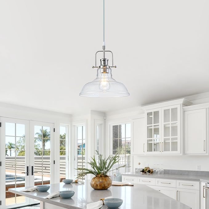WILON Seeded Glass Modern Pendant Light for Kitchen, Brushed Nickel | 11'' Seeded Glass Shade, Adjustable Height, E26 Ceramic Socket, 60W MAX, Modern Style for Dining Room Kitchen Over Sink
