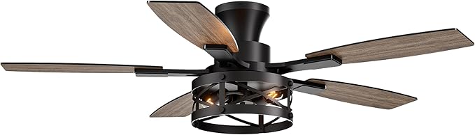 52-Inch Farmhouse Flush Mount Ceiling Fan Vintage wood-grain blades quiet powerful motor warm ambient light ideal for indoor spaces, bedrooms, living rooms farmhouse patios.