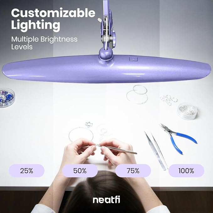 Neatfi XL 2200 Lumens 24W LED Desk Lamp – Shadow-Free Task Lighting | 4-Level Dimming | Home Office & Crafts Use | 20-Inch Wide Head (Lavender, Non-CCT with Clamp)