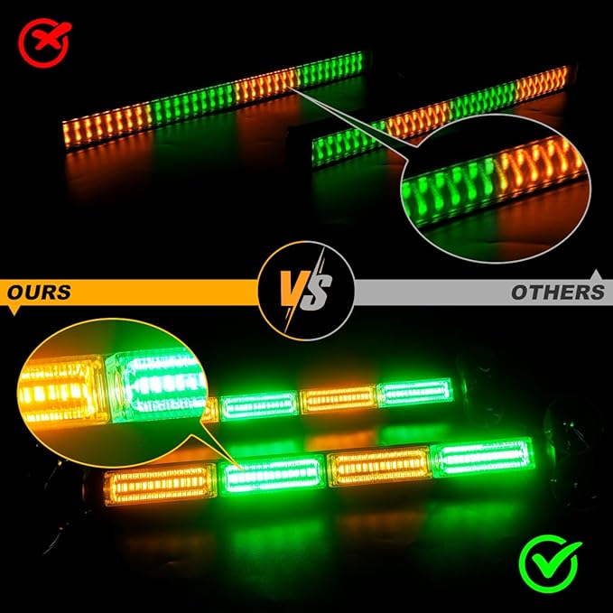 Emergency Dash Strobe Lights Warning Hazard Safety Front/Rear Interior Windshield Lights w/Suction Cups Deck Split Mount for Vehicles Trucks Volunteer Vehicles 2x17.7, Amber/Green