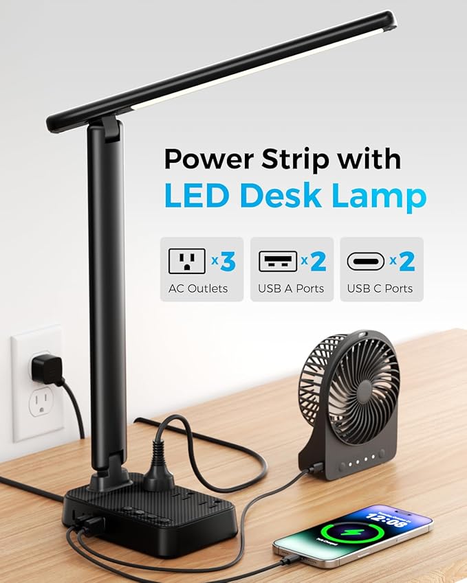 LED Desk Lamp with Power Strip, 3 AC Outlets, 4 USB Ports, Stepless Dimming | 2800K-6500K Color, 2 USB-C, Foldable Design, Timer & Memory, Study, Home Office & College Dorm