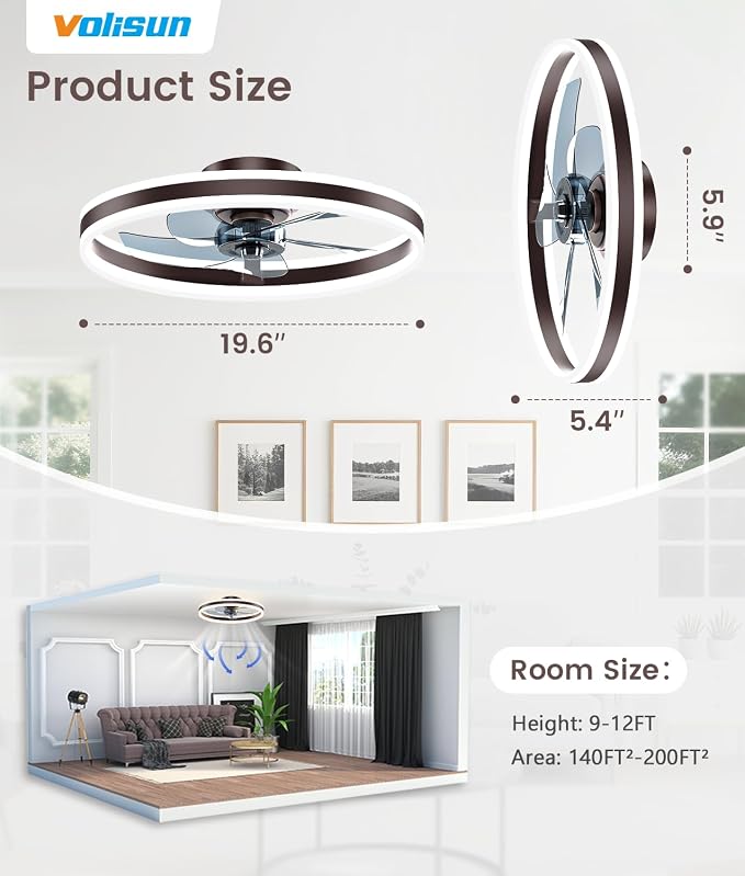 VOLISUN Low Profile Ceiling Fans with Lights and Remote, 20in Flush Mount Ceiling Fans with Light, 3000K-6500K Dimmable Fandelier LED Fan Light, Brown Bladeless Ceiling Fans with Lights for Bedroom