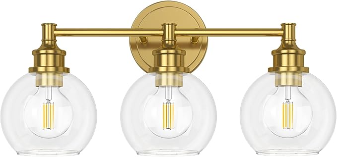 Bathroom Light Fixtures, 3-Light Brushed Gold Vanity Light Globe Glass Shades, Bathroom Lighting Fixtures Over Mirror, Wall Sconces for Master Bathroom, Guest Bathroom, Powder Room, 20-inch