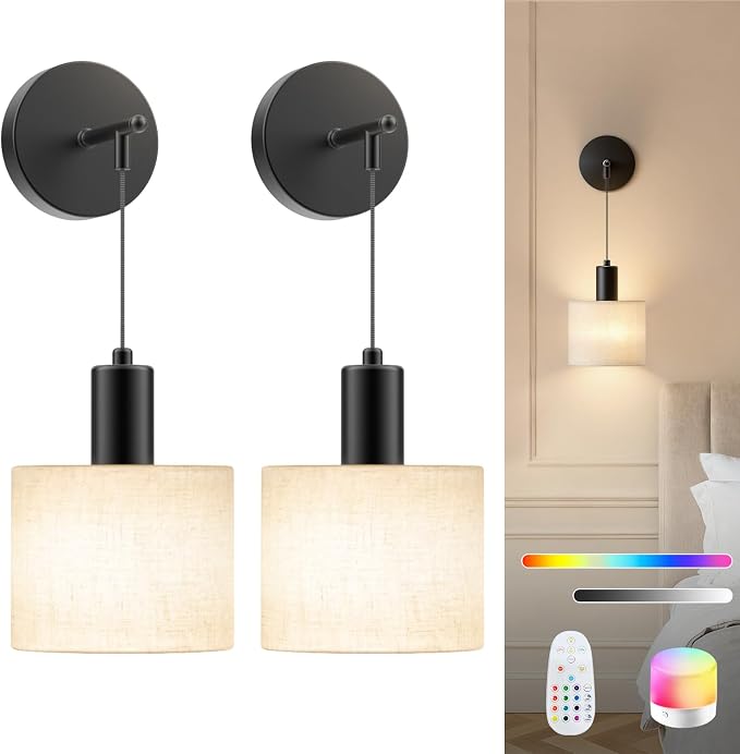 SAIMAND Battery Operated Wall Sconces Set of 2,Wireless Rechargeable Lights | Modern Cordless Wall Sconces with Remote Control, 9-Color Dimmable LED Lamps for Bedrooms, Living Rooms and Hallways (Black)